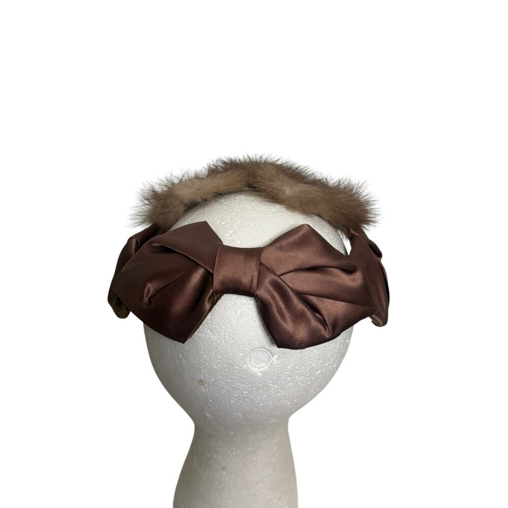 1940s Mink Fur Satin Fascinator Hat Brown Vintage Mob Cap Pinup Retro - Picture 3 of 8